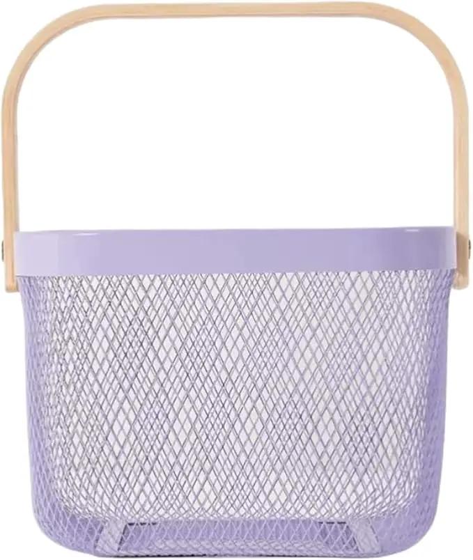 Metal Mesh Steel Basket, Storage Organizer Basket Multi-functional Hanging Kitchen Baskets Fruit Basket Bin with Bamboo Handle for Kitchen Bathroom Picnic Shopping Decor Cabinet Home, Purple by GreenHaven Gardens