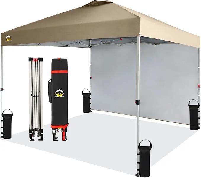 CROWN SHADES 10x10 Pop Up Canopy with 1 Side Wall - Beach Tent with One Push Setup - Outdoor Sun Shade for Events, Parties, Camping - Gazebo with STO-N-Go Cover Bag (Beige) by GreenHaven Gardens
