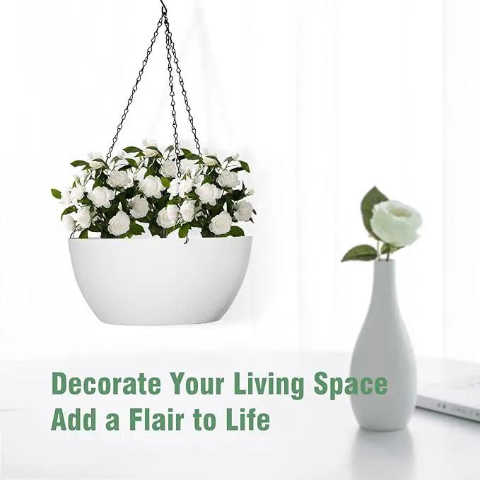 10 inch Hanging Planters for Outdoor Indoor Plants with Drainage Holes and Chain, 2 Pack Round Hanging Flower Plant Pots for Garden Home Porch Decor, White by GreenHaven Gardens