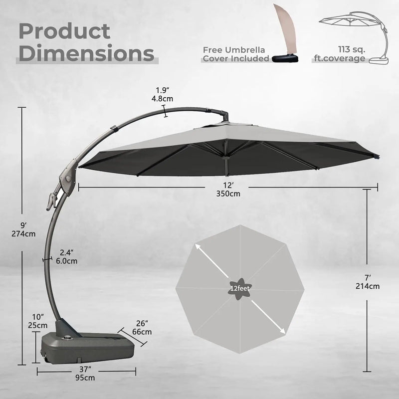 Grand patio 12FT Outdoor Offset Umbrella Large Round Aluminum Cantilever Umbrella with Base for Garden Deck Poolside (Gray, 12 FT) by GreenHaven Gardens