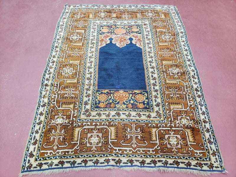 Antique Turkish Anatolian Ghiordes Prayer Rug, Twin Mihrabs, Rare Collectible Oriental Rug, Early 20th Century Prayer Rug, 3'9" x 5'2" by Jewel Rugs