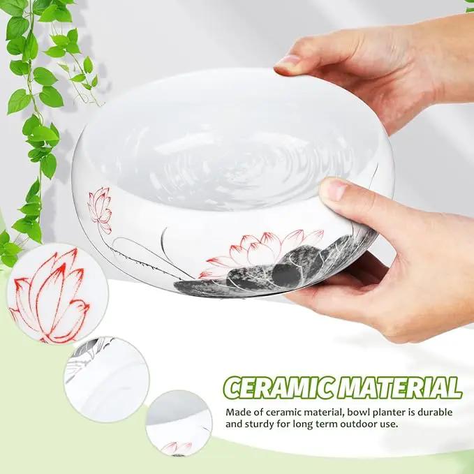 Ceramics Water Lily Bowl with Stand Chinese Style Hydroponic Planter Pot Round Narcissus Flowerpot Bonsai Daffodil Planting Container Garden Decoration 7 Inch by GreenHaven Gardens