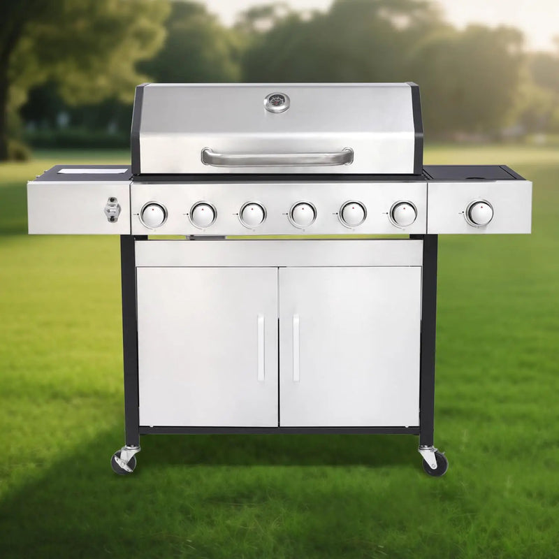 6-Burner Propane Gas BBQ Grill with Side Burner, 57,300 BTU Output, Enameled Cast Iron Grates, Heavy-Duty Stainless Steel Outdoor Grill for Backyard Barbecue by GreenHaven Gardens
