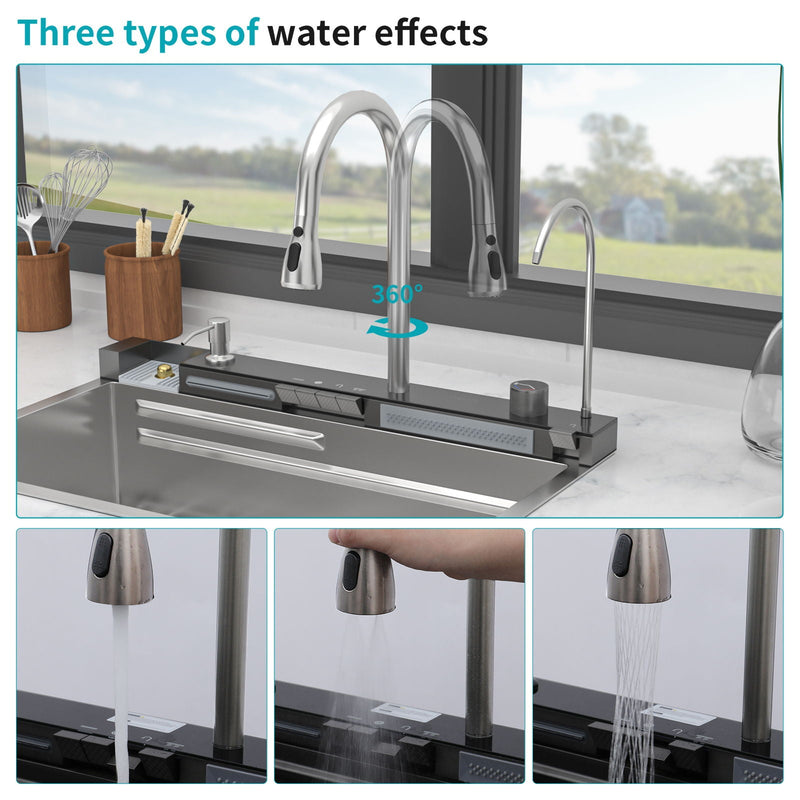 Kitchen Waterfall Sink Single Bowl With LED Faucet, Ledge Workstation, And Multi Function Pull Out Spray - Brushed Nickel by HouseOfZazla