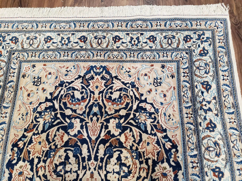 Persian Nain Rug 4x6, Ivory and Blue, Hand-Knotted, Wool & Silk by Jewel Rugs