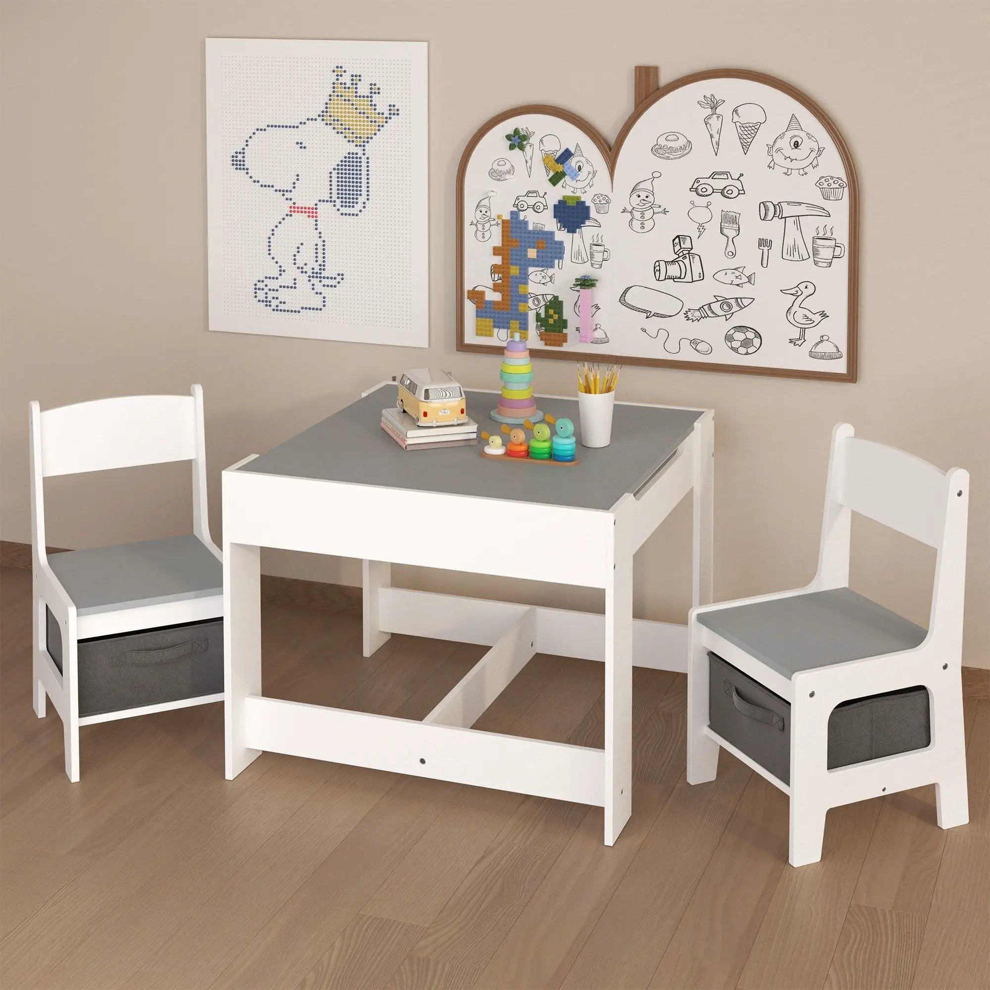 Kids Table And Chair Set, 3 In 1 Activity Table With Storage Drawer For Toddlers Drawing, Reading, Crafts, 2 In 1 Detachable Top - White by Unique Piece Furniture