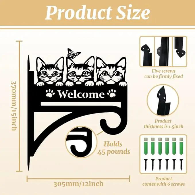 peacoblue Iron Plant Hangers Hooks Cat with Welcome for Outdoor Indoor Hanging Plants Flower Fern Pots Lantern Bird Feeder, 12"x15" Weather Resistant Metal Wall Holder for Porch Garden Farmhouse by GreenHaven Gardens