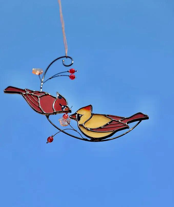 Cardinal Stained Glass Suncatchers for Windows Hanging Decorative,Couple Red Love Birds Sun Catchers for Christmas Ornaments,Real Stained Glass Cardinal Memorial Gifts for Women/Mom by GreenHaven Gardens