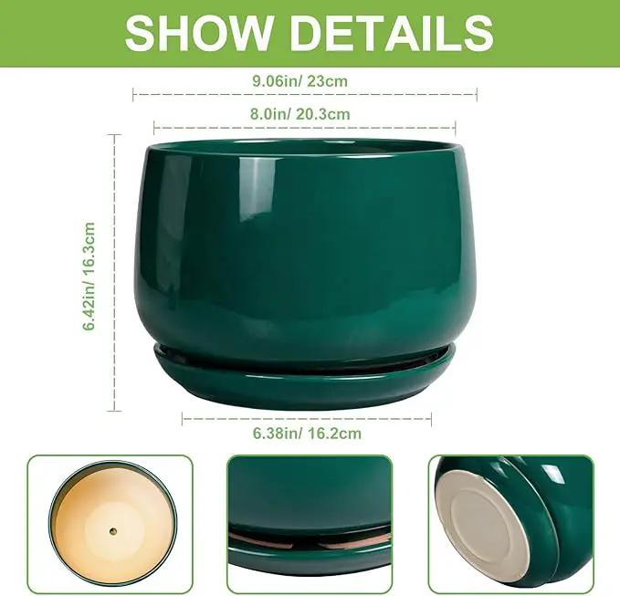 G EPGardening Ceramic Pots for Plants - 9 Inch Ceramic Planter for Indoor Plants, Round Planter with Drainage and Saucer, Modern Flower Pots for Outdoor, House Decor, Garden Gifts, Green by GreenHaven Gardens