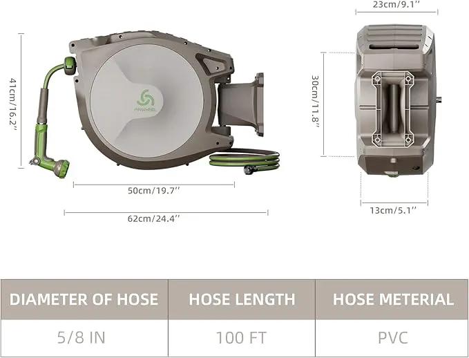 PINWHEEL 5/8in 100FT Retractable Garden Hose Reel, Automatic Retractable Hose with 10-Pattern Spray Nozzle, 180° Swivel Bracket, 3-Layer PVC Durable Water Hose for Yard Lawn Care (100 FT) by GreenHaven Gardens