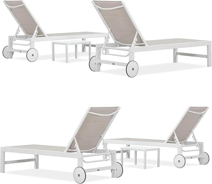 PURPLE LEAF Outdoor Chaise Lounge Staight Legs Adjustable Sunbathing Recliner with Side Table Khaki 2 Sets by GreenHaven Gardens