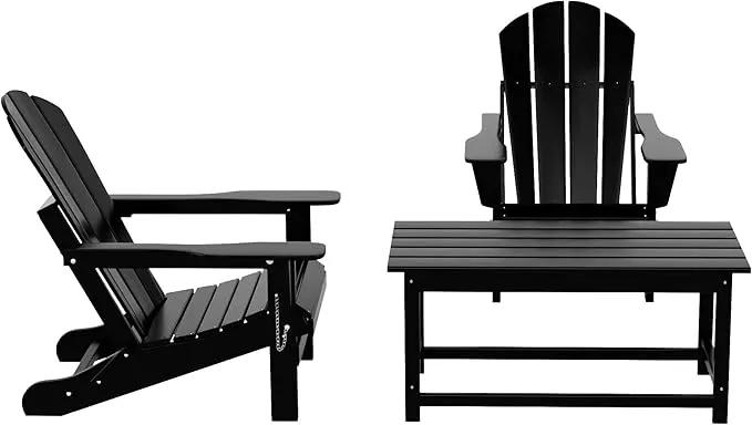WO Home Furniture Adirondack Chairs Table Set of 3 PCS Outdoor Folding Chairs Coffee Table Weather/UV Resistant for Lawn, Garden, Bon Fire, Balcony (Black) by GreenHaven Gardens