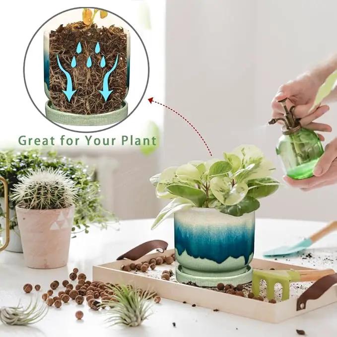 Oairse Ceramic Pot for Plants 5.5 inch Pots for Plants Small Planter Pot with Drainage Hole and Saucers Gradient Dark Teal Outdoor Inoor Flower Pots for Succulent, Cactus, Snake Plant, Herb by GreenHaven Gardens