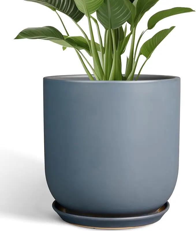 Pots for Plants 12 Inch - Ceramic Planter for Indoor Outdoor Plants Large Plant Pot with Drainage Hole and Saucer Outdoor Flower Pot Gray by GreenHaven Gardens