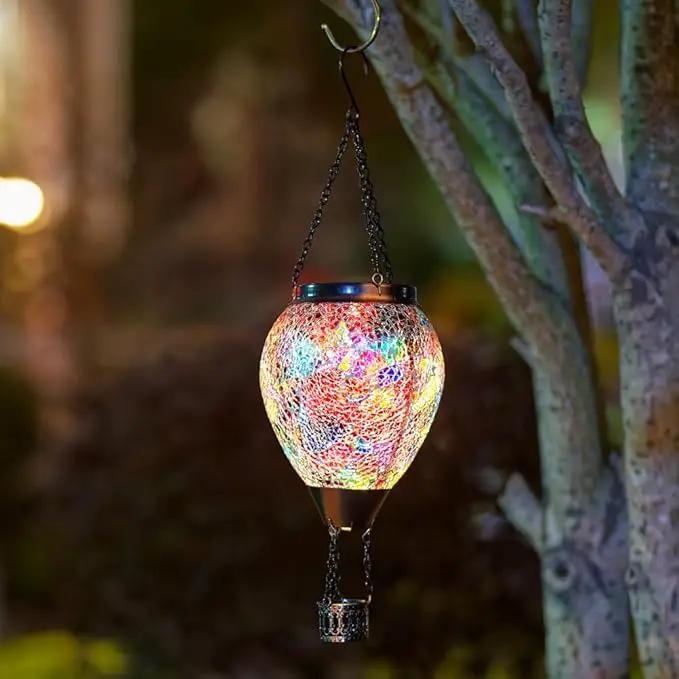 DREAMSOUL Mosaic Hot Air Balloon Solar Lantern with LED Light, Hanging Glass Solar Lanterns Outdoor Waterproof for Garden Patio Porch Decor by GreenHaven Gardens