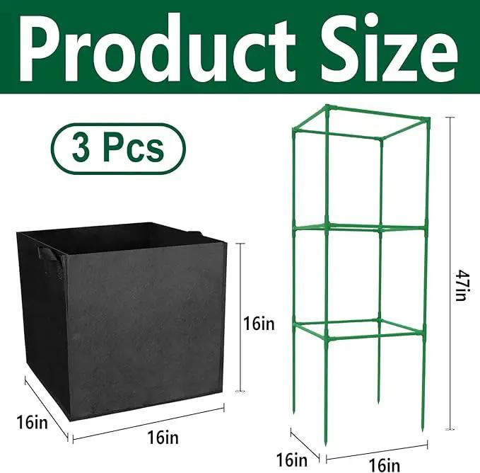 3 Packs 47 x 16 x 16 Inch Garden Tomato Cages with 17.7 Gallon Grow Bags- Square Plant Support Trellis Assembled with Planter Bags- Garden Cucumber Vegetables Frames for Vertical Climbing Plants by GreenHaven Gardens