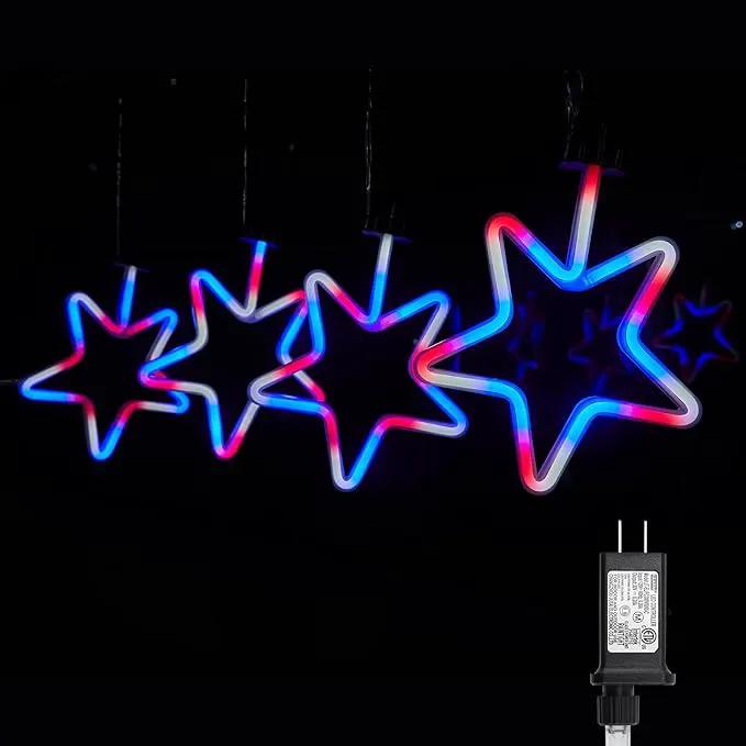 4th of July Decorations Outdoor Red White and Blue Lights, 4 Big Neon Star Pathway Lights Plug in for Independence Day Memorial Day Patriotic Decor Outside Garden Yard Lawn by GreenHaven Gardens