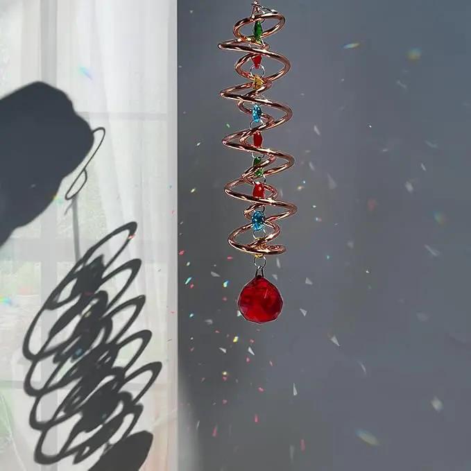 FONMY Gazing Ball Spiral Tail -Decorative Wind Spinner Sun Catcher Rainbow Maker Copper Double-Spiral W/Red Crystal Ball and Chain Crystals Beads for Indoor Outdoor Garden Decoration -14 inch Height by GreenHaven Gardens