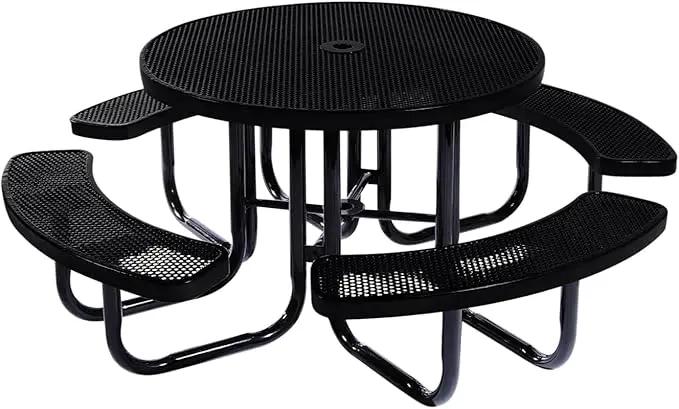 Heavy-Duty Portable Outdoor Picnic Table with Umbrella Hole, Punched Steel Commercial-Grade Patio Dining Furniture Made in America (46" Round Top, Black) by GreenHaven Gardens