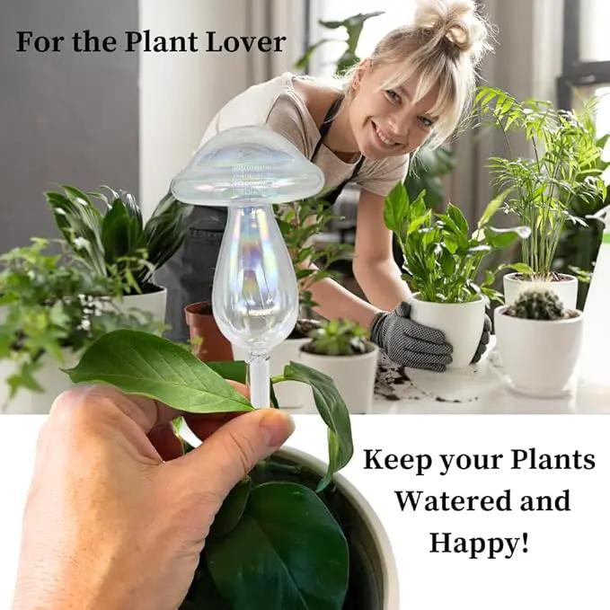 Evelots Plant Self Watering Glass Globes, Iridescent Mushroom Shaped Bulbs (4 Pack) Automatic Water Irrigation System for Plants with Funnel, Indoor & Outdoor Use -Extra Long 9 Inches by GreenHaven Gardens