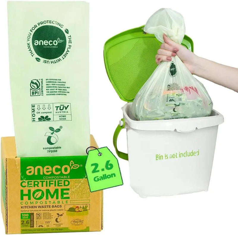 ANECO 100% Compostable Waste Bags 2.6 Gallon, Extra Thick Kitchen Small Compost Bags for Countertop Bin (100 Count) by GreenHaven Gardens