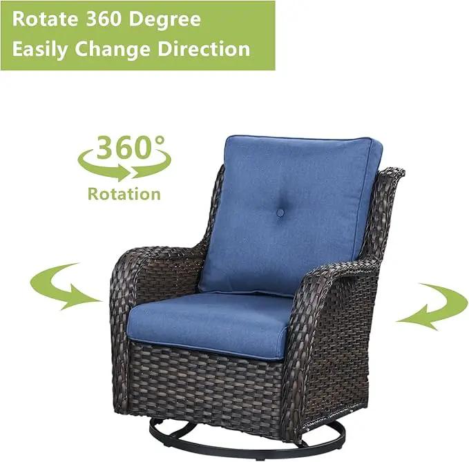 Outdoor Patio Swivel Rocker Chairs - Single Wicker Rattan Patio Swivel Rocking Chair with High Back,Deep Seating and Comfort Cushions for Deck Porch Garden,Brown/Blue by GreenHaven Gardens