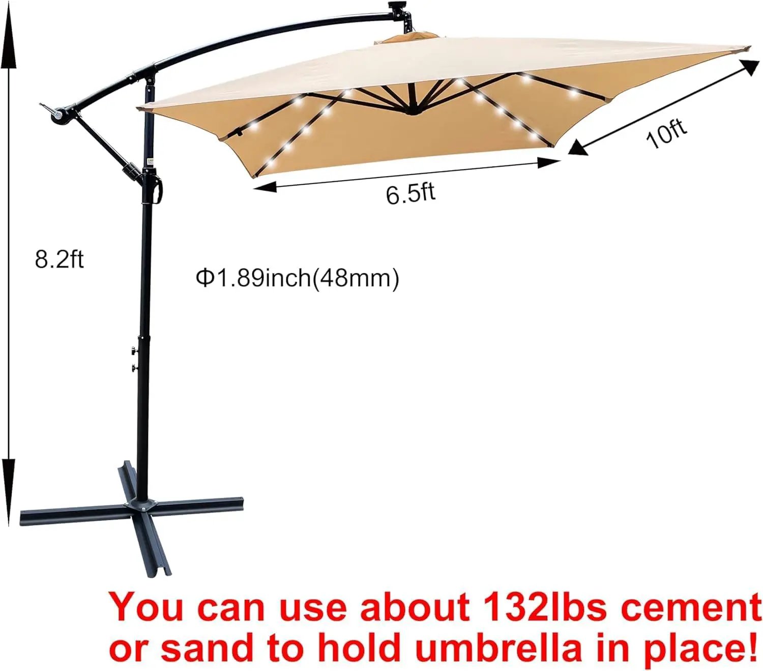 10x6.5FT Patio Umbrella, Outdoor Offset Umbrella with Cross Base and Crank, Rectangular Cantilever Umbrella with Solar Lights, Hanging Market Umbrella with 6 Rids for Pool, Deck, Backyard (Tan) by GreenHaven Gardens