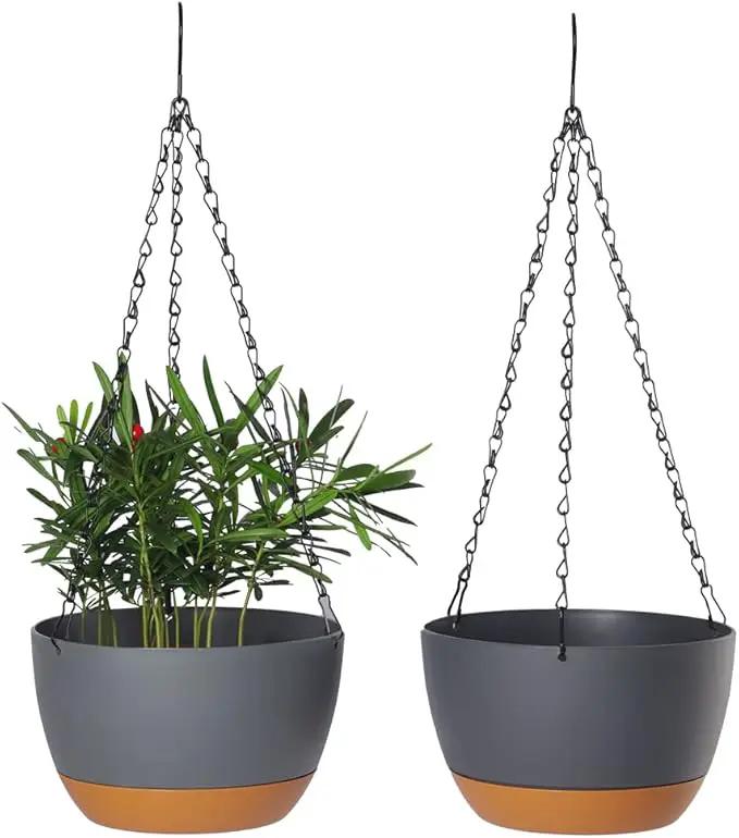 2 Pack Plastic Hanging Planters Set ,10 Inch Hanging Flower Plant Pot with Drainage Hole for Indoor Outdoor Plants, Round Hanging Basket with Removable Tray for Home Garden Porch Balcony Patio Decore by GreenHaven Gardens