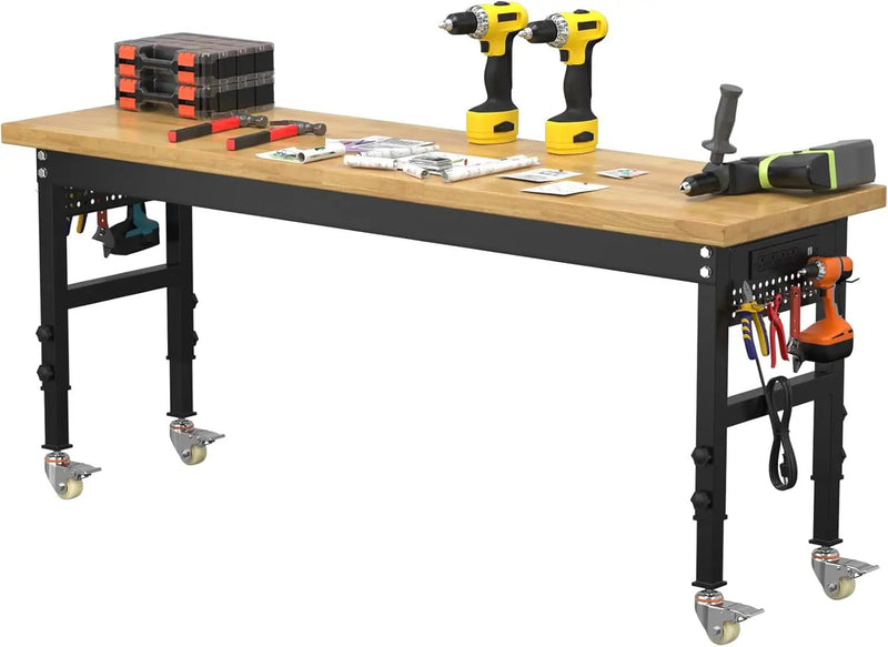 70" Heavy Duty Solid Wood Work Bench with Pegboard, Adjustable Height Workbench with Wheels and Power Outlets, 2000 LBS Capacity Work Table for Garage, Workshop, Office, Home by GreenHaven Gardens