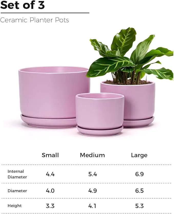Ton Sin Plant Pots, 4.1+5.1+6.5 inch, Set of 3, Ceramic Planters with Drainage Hole and Saucer, Indoor Flower Pot with Hole Mesh Pad, Gifts for Mom(Matte Pink) by GreenHaven Gardens