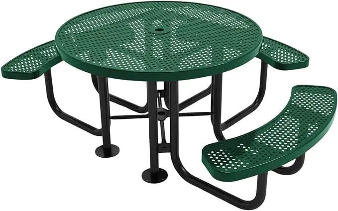 Heavy-Duty Portable Outdoor Picnic Table with Umbrella Hole, Punched Steel Patio Dining Furniture Made in America (46" Round Top, Textured Green) by GreenHaven Gardens