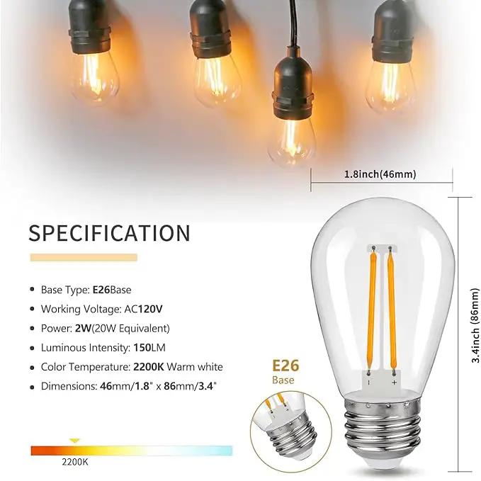 S14 Replacement LED Light Bulbs, Shatterproof & Waterproof 2W S14 LED Bulbs, Outdoor String Lights , E26 Base Patio Edison LED Light Bulbs, Warm White 2200K Plastic 150ML Non-Dimmable 48 Pack by GreenHaven Gardens