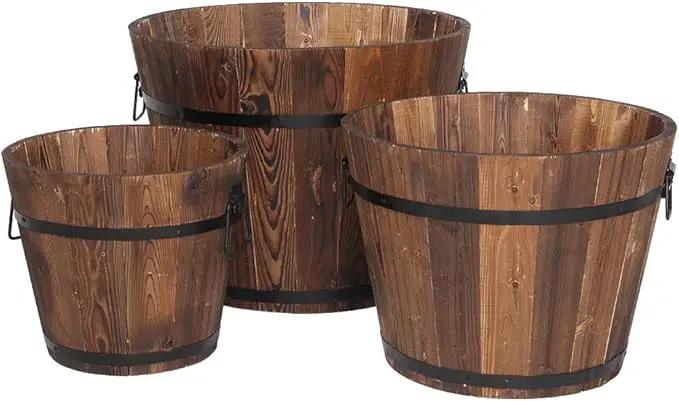 3 Pcs Wooden Planter Barrel Set, Outdoor Flower Pots with Handle & Drainage Holes, Rustic Whiskey Barrel Planter for Plants, Herbs, Veggies, Indoor Outdoor Use by GreenHaven Gardens