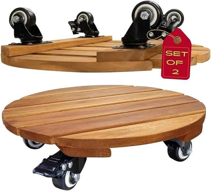 Idzo 2pack 12inches Wood Plant Caddy with Wheels Heavy Duty, 264 Lbs Capacity, Acacia Hardwood Plant Dolly, Plant Stand with 360° Lockable Wheels for Plant Pots, Heavy Objects Hauling - Natural Wood by GreenHaven Gardens
