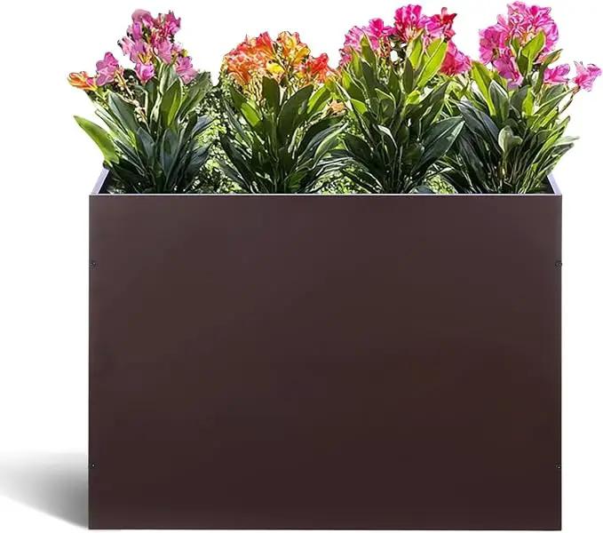 Metal Rectangular Planter Box Tall Planters for Outdoor Plants Modern Heavy Duty with Drainage Holes for Outside Indoor Patio Deck - Brown, 32”x 12”x 24” by GreenHaven Gardens