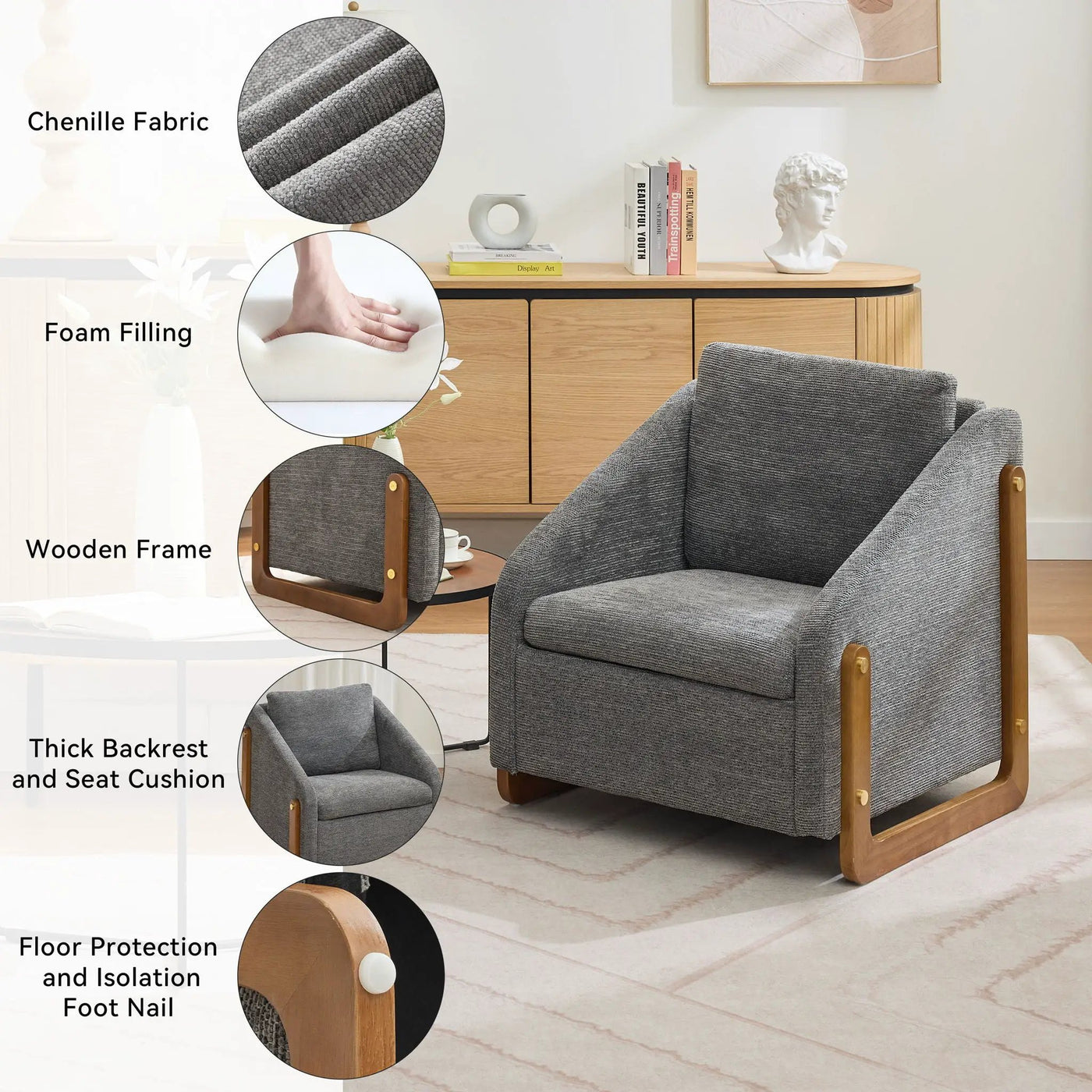Modern Upholstered Armchair With Wooden Side Frame by HouseOfZazla