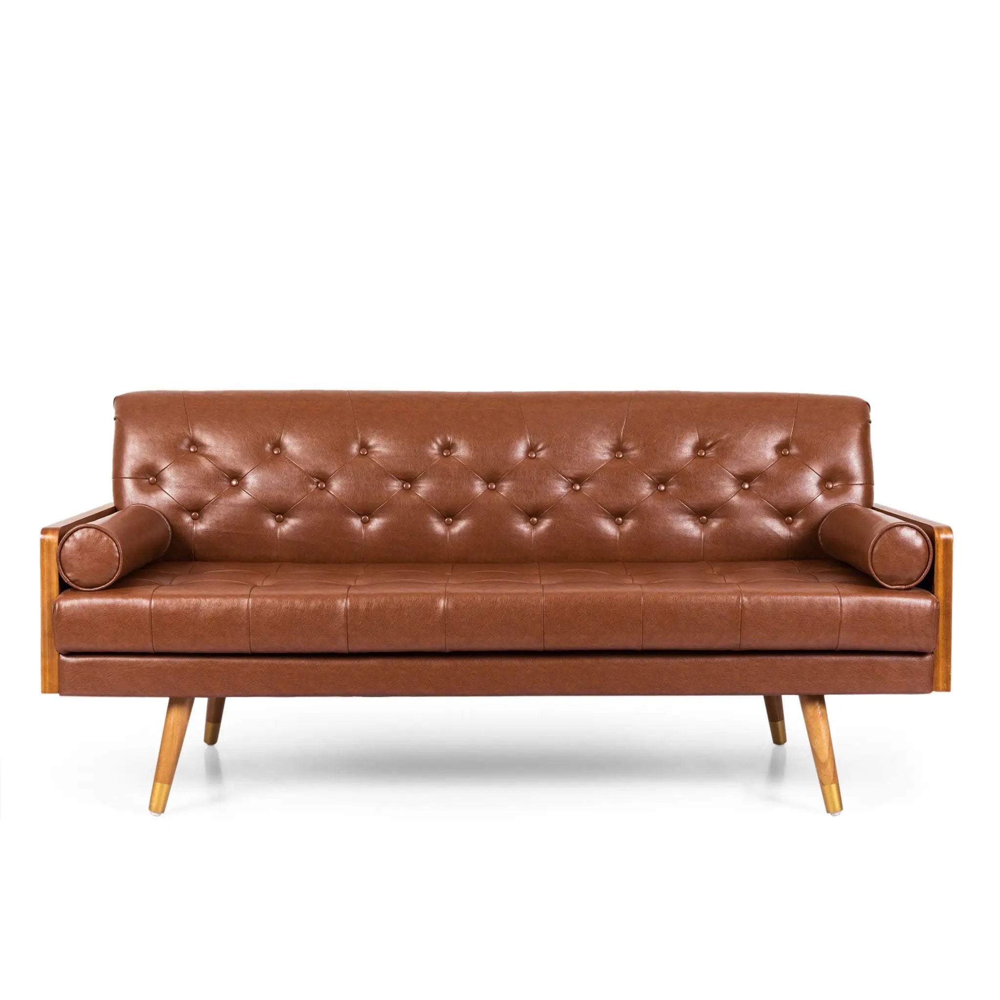 Adelaide Mid Century Modern Tufted Sofa With Rolled Accent Pillows - Light Brown by HouseOfZazla