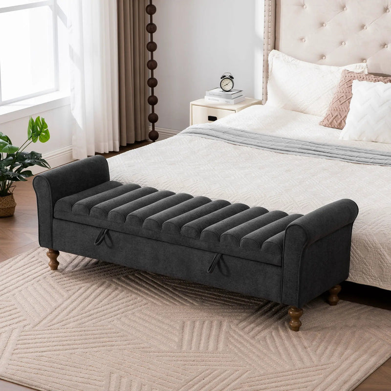 Wide Modern Upholstered Storage Bench With Rolled Armrest by HouseOfZazla