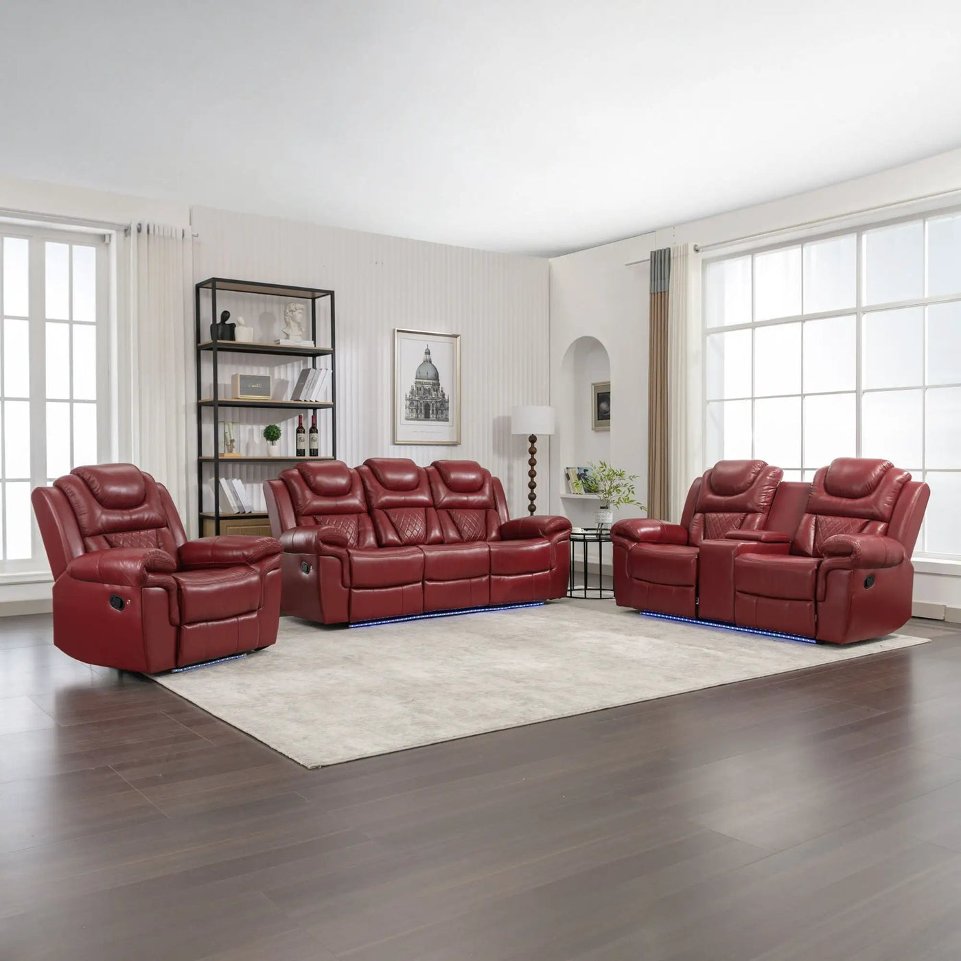 3 Pieces Recliner Sofa Sets Home Theater Seating Manual Recliner Chair With Center Console And LED Light Strip For Living Room by HouseOfZazla