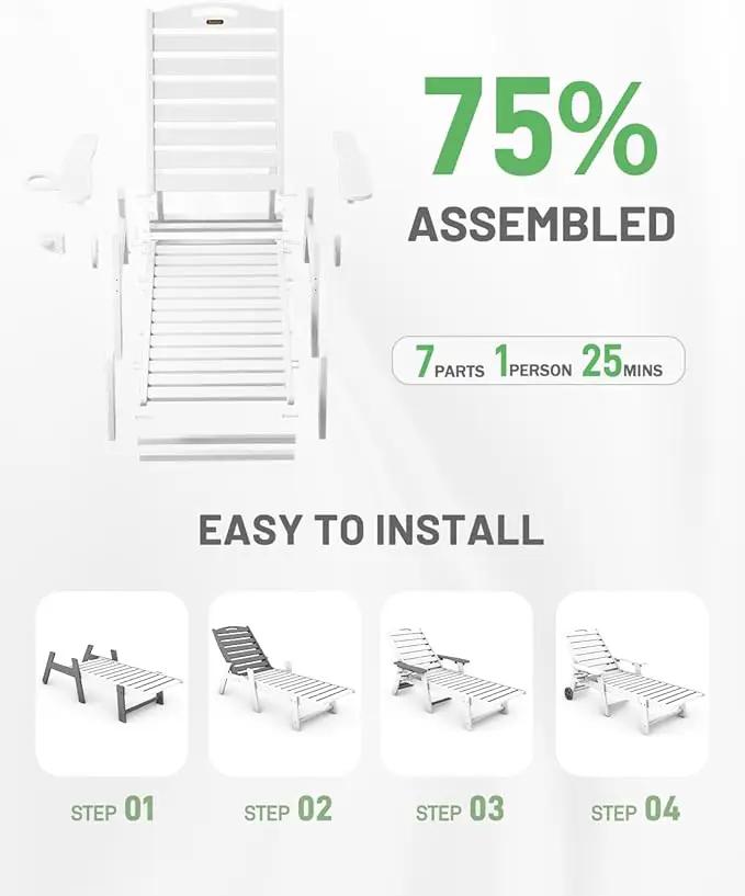Lounge Chair Outdoor Set of 2, HDPE Chaise Lounge Outdoor with 6-Position & Wheels &Cup Holder, Pool Lounge Chair for Pool Poolside Deck Backyard Patio, White by GreenHaven Gardens