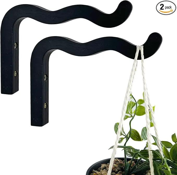 2-Piece Set of Wavy Wooden Wall Planters for Indoor Plants 6 Inch - Natural Plant Hook for Wall Plant, Wind Chimes, Flower Brackets, Patio Garden Decorations - Bracket Plant Hanger (Black) by GreenHaven Gardens