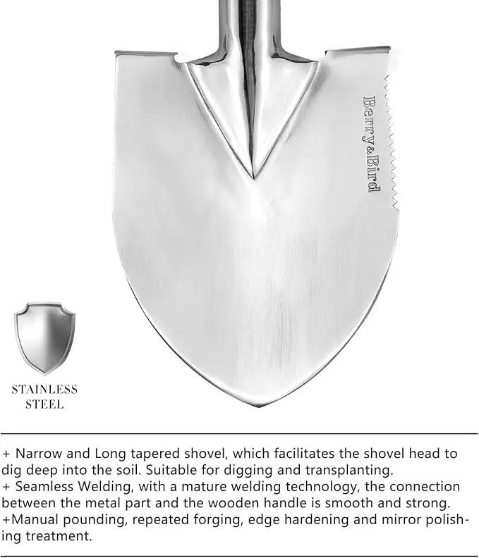 Berry&Bird Short Hand Shovel, 19.8’’ Digging Trowel for Gardening with Wood Handle Stainless Steel Round Point Spade Shovel with Serrated for Cutting, Transplanting & Weeding by GreenHaven Gardens