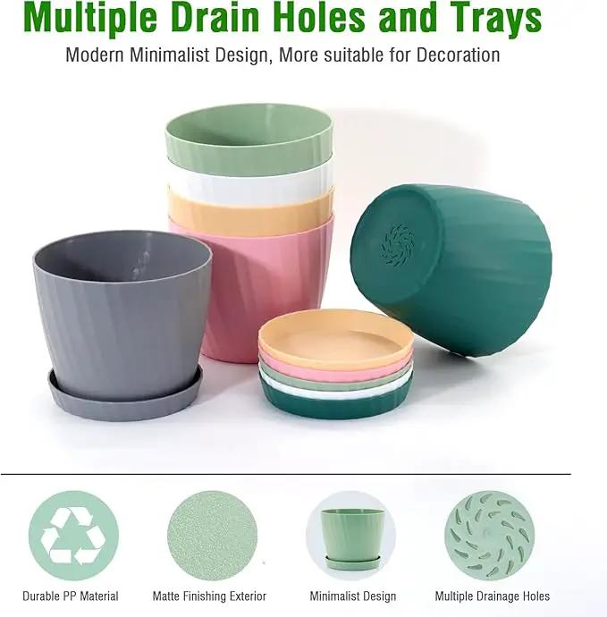 6 Inch Plant Pots Bulk, 6 Pack Plastic Planters with Drainage Holes and Saucers for Indoor Outdoor House Plants and Flowers, Colorful by GreenHaven Gardens