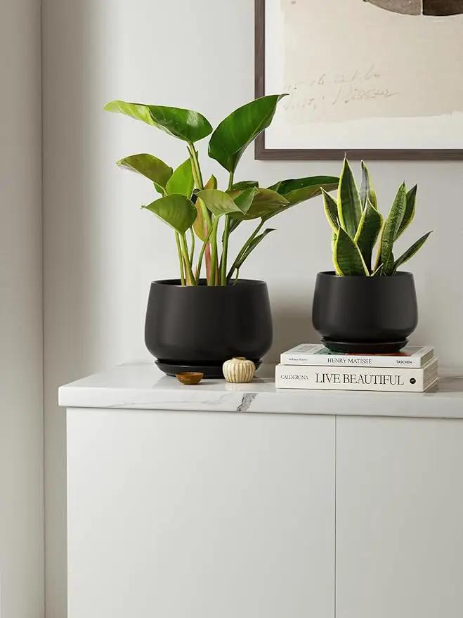 LE TAUCI Plant Pots, 4.1+5.1+6.5 inch, Set of 3, Ceramic Planters with Drainage Hole and Saucer, Indoor Flower Pot with Hole Mesh Pad, Gifts for Mom, Black by GreenHaven Gardens