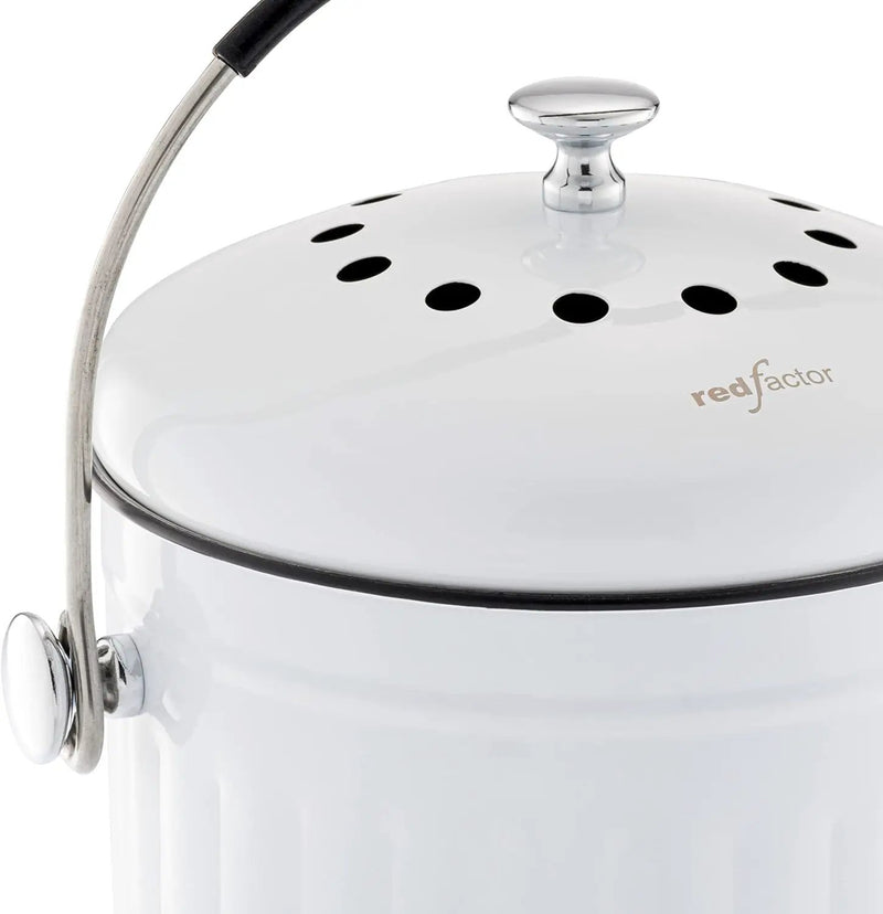 RED FACTOR Premium Compost Bin for Kitchen Countertop - Stainless Steel Food Waste Bucket with Innovative Dual Filter Technology - Includes Spare Filters (White, 1.3 Gallon) by GreenHaven Gardens