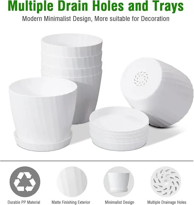 6 Inch Plant Pots Bulk, 6 Pack Plastic Planters with Drainage Holes and Saucers for Indoor Outdoor House Plants and Flowers, White by GreenHaven Gardens