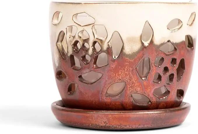 rePotme Orchid Pot - 5 inch Floral Cutout Ceramic Orchid Pot with Holes (Honey Cream Over Copper) - Includes 5 inch Slotted Pot Liner by GreenHaven Gardens