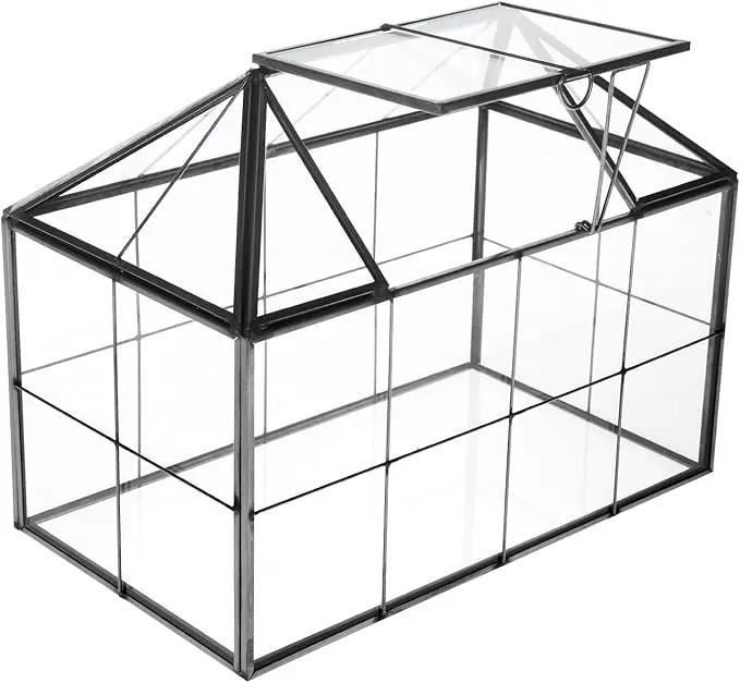 HighFree Geometric Terrarium Planter with Swing Lid, House Shape Black Handmade Glass Box, Vintage Tabletop Miniature Terrarium, for Succulent, Cacti, Air Plants (Not Watertight - 9.2x5.5x7.3 inch) by GreenHaven Gardens