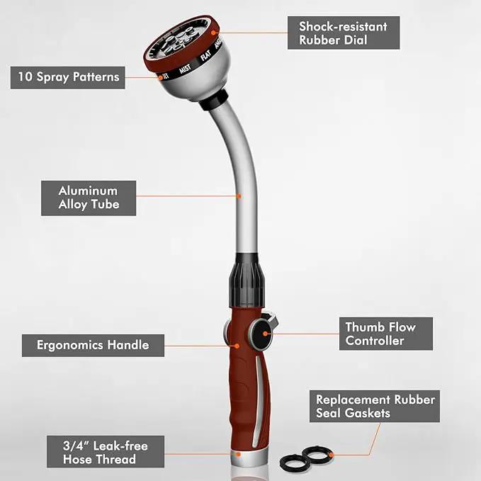 RESTMO Watering Wand Heavy Duty, Metal Garden Hose Wand with 10 Spray Patterns, 15-Inch Long Hose Nozzle Sprayer with Thumb Flow Control, Ideal to Water Hanging Baskets and Shrubs, Red by GreenHaven Gardens