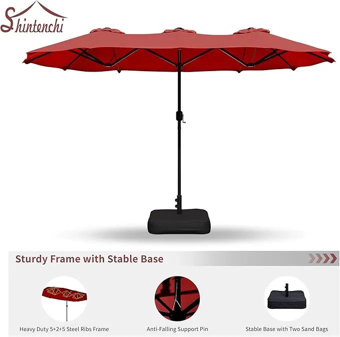 Shintenchi 16FT Large Patio Umbrella with Base, Outdoor Double-Sided Rectangular Umbrella, Market Umbrella with Crank Handle for Poolside Lawn Garden, Red by GreenHaven Gardens